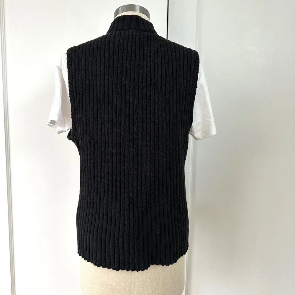 Christopher & Banks Black Suede Leather‎ Ribbed Knit Back Snap Front Vest Large